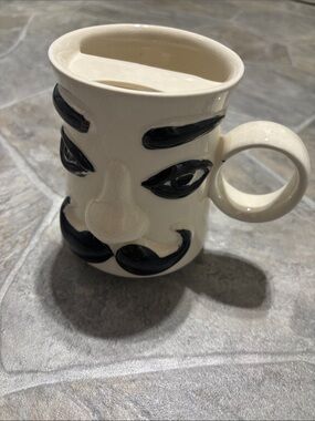 Mustache Man Mug Face Cup Cream Ceramic Face Mug w/ Black Accents Mustache Guard